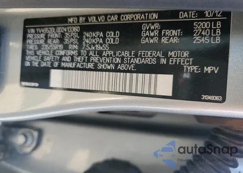2013 Volvo Xc60 3.2 from USA, damaged, VIN YV4952DL0D2413360